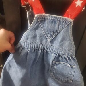 Denim Blue Kids Overall Skirt with Red Star Suspenders. Dr. Seuss